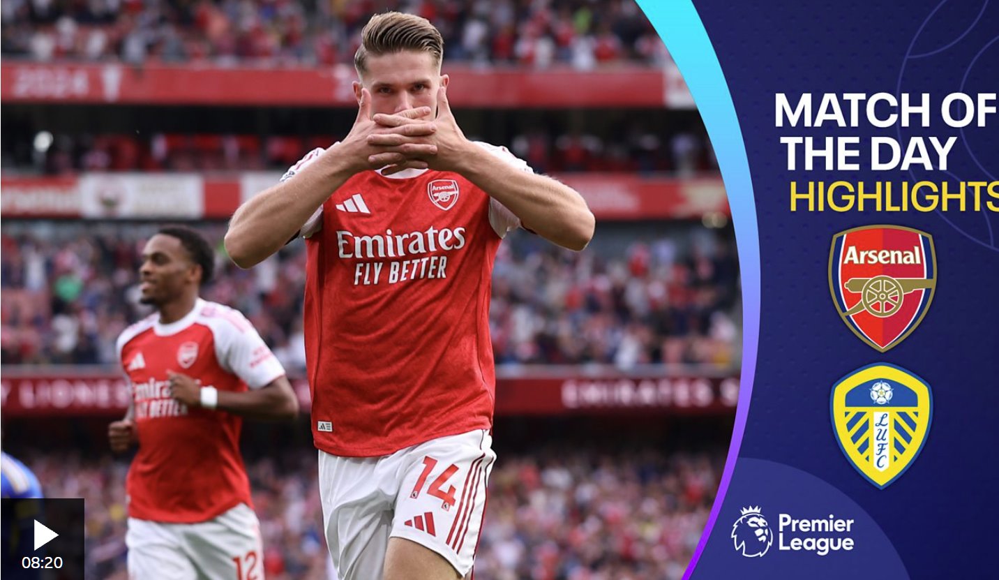 薩卡和厄德高因傷下場，阿森納五球大勝利茲聯(lián)