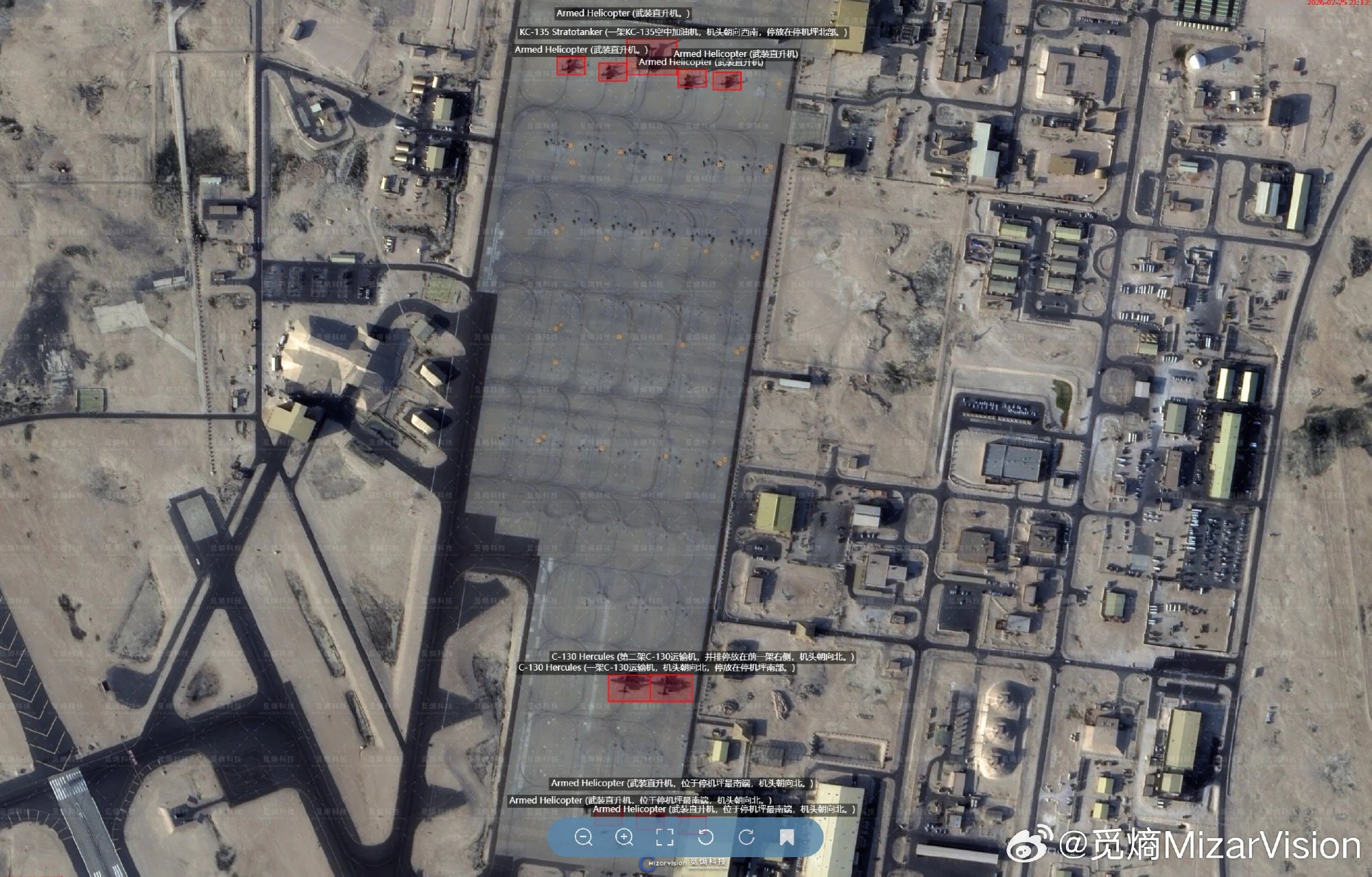 2月26日：衛(wèi)星圖像顯示，烏代德空軍基地停機(jī)坪上有一架KC-135加油機(jī)、兩架C-130運(yùn)輸機(jī)和大約七架攻擊直升機(jī)。